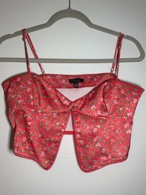 AFRM Coral Pink Floral Crop Top with Green Accents
